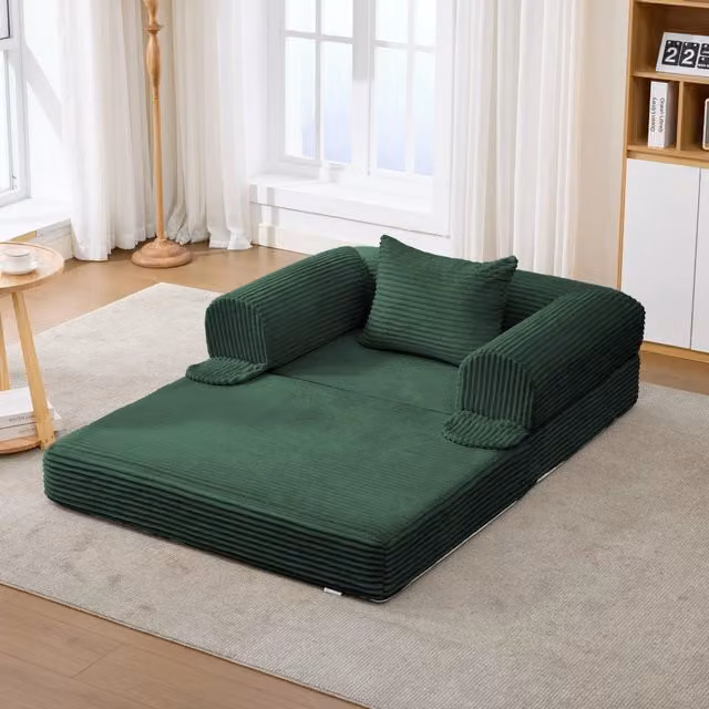 Poltrona letto singola WISHDOR in velluto a coste verde, divano letto 2 in 1 salvaspazio con braccioli e imbottitura in schiuma