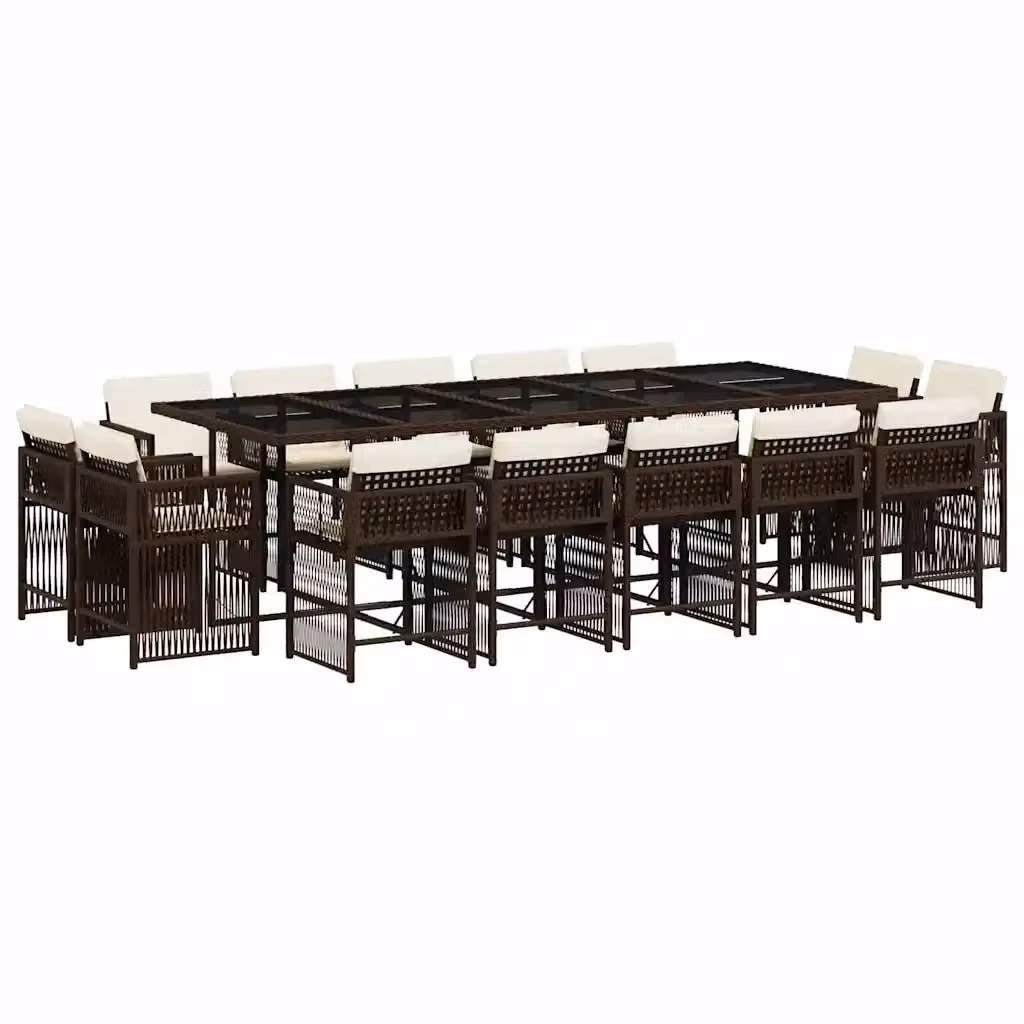 Set da pranzo da giardino moderno vidaXL in polyrattan marrone e bianco con tavolo in vetro e 15 pezzi – 2