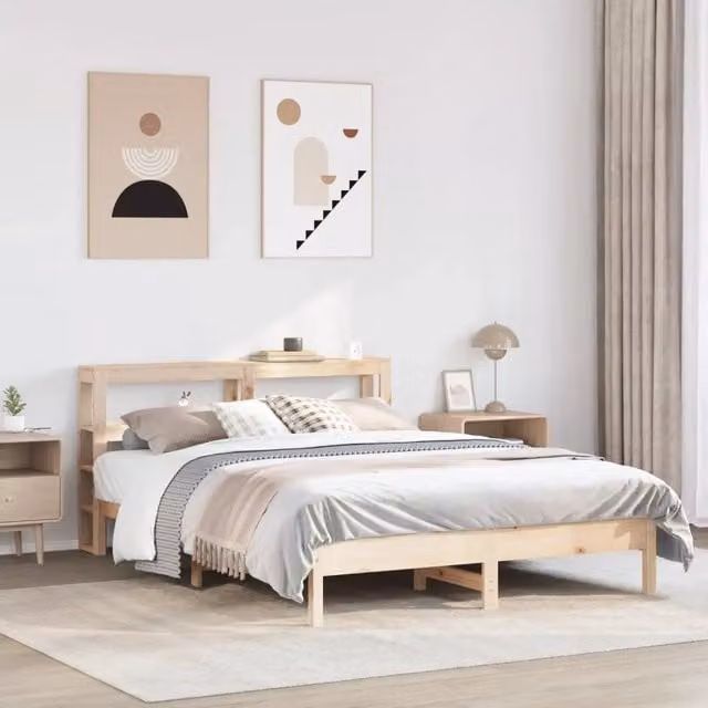 Letto in legno massello di pino vidaXL con doghe rigide e ripiani laterali, stile rustico, beige, L/P/H: 190 x 140 x 82 cm – 1