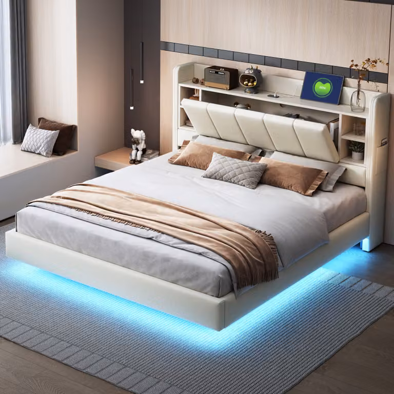 Letto imbottito STILVORA 160x200 con striscia luminosa a LED e presa USB, letto per ragazzi con testiera reversibile, struttura con vani portaoggetti e robusto telaio in metallo, beige (senza materasso)