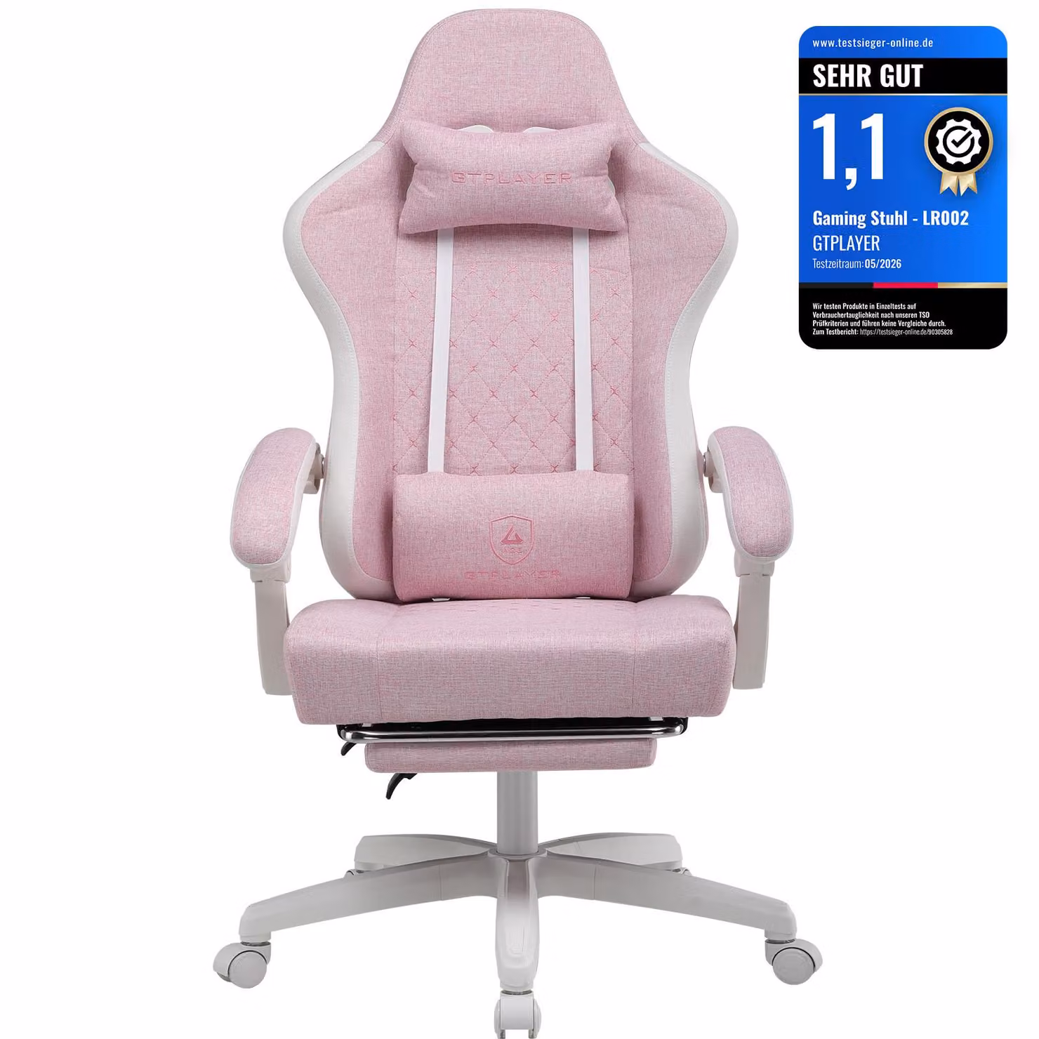 Sedia da gioco GTPLAYER in tessuto, poltrona da gioco con cuscini a molle insacchettate, sedia girevole ergonomica, sedia da gioco con poggiapiedi, portata massima 150 kg, rosa-bianca
