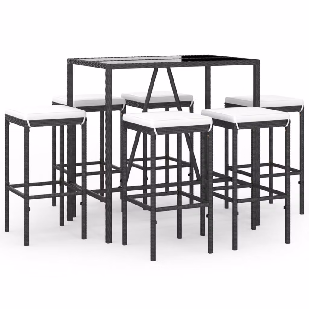 Set Bar da Giardino 7 pz con Cuscini in Polyrattan Nero