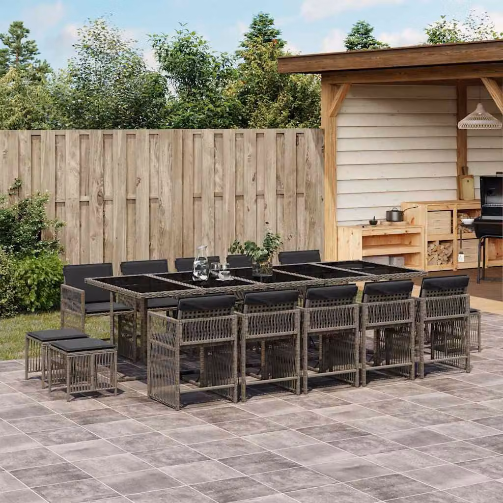 vidaXL Set da Pranzo da Giardino 15 pz in Polyrattan Grigio con Cuscini e Tavolo in Vetro – 1