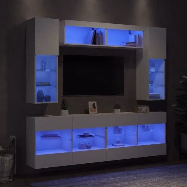Set di mobili TV da parete vidaXL in legno bianco con luci LED integrata, 6 pezzi