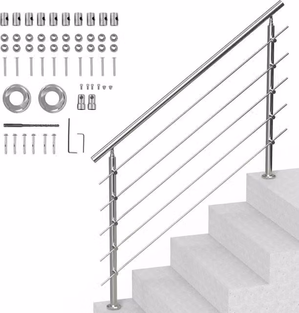 Kit Corrimano per Scale Esterne in Acciaio Inox 150 cm con 5 Traverse Ringhiera Regolabile 0-45° per Veranda Argento