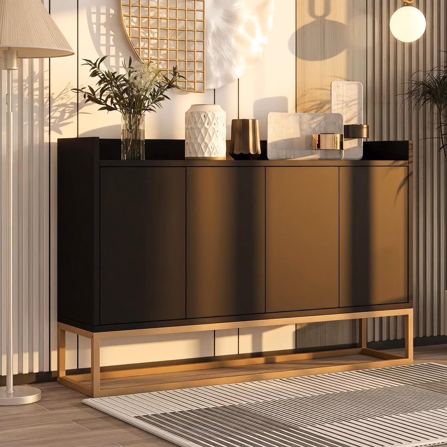 Comodino INONEFT 120x30x80 cm con 4 ante, mobile contenitore laterale con ripiano regolabile e gambe in metallo, ideale per sala da pranzo, soggiorno o cucina - colore nero