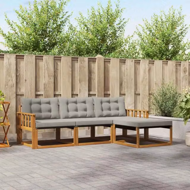 Set di divani da esterno vidaXL a forma di L con pouf, struttura in legno di acacia e cuscini beige e grigi – 1