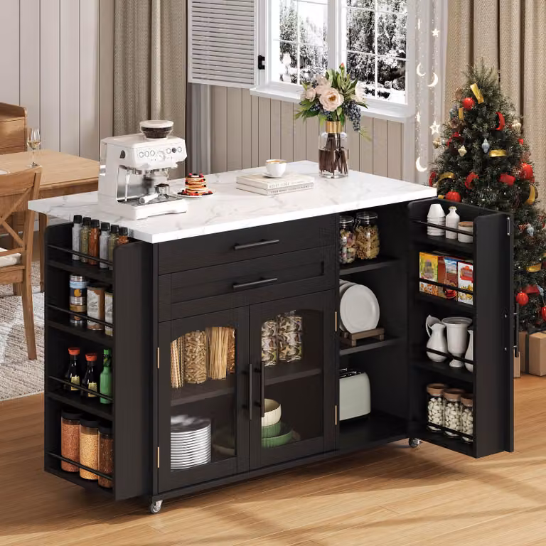 Isola mobile da cucina, dimensioni 120x45(70)x90 cm, pieghevole, con 5 ruote, vano contenitore, ripiano per spezie e cassetto per posate.