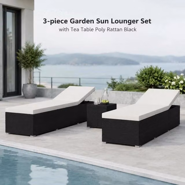 3-piece Garden Sun Loungers With Tea Table, Poly Rattan, Black