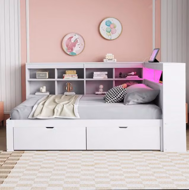 Letto singolo multifunzionale in legno massello 90x200 cm con ripiani, USB, presa elettrica e luce LED, colore bianco