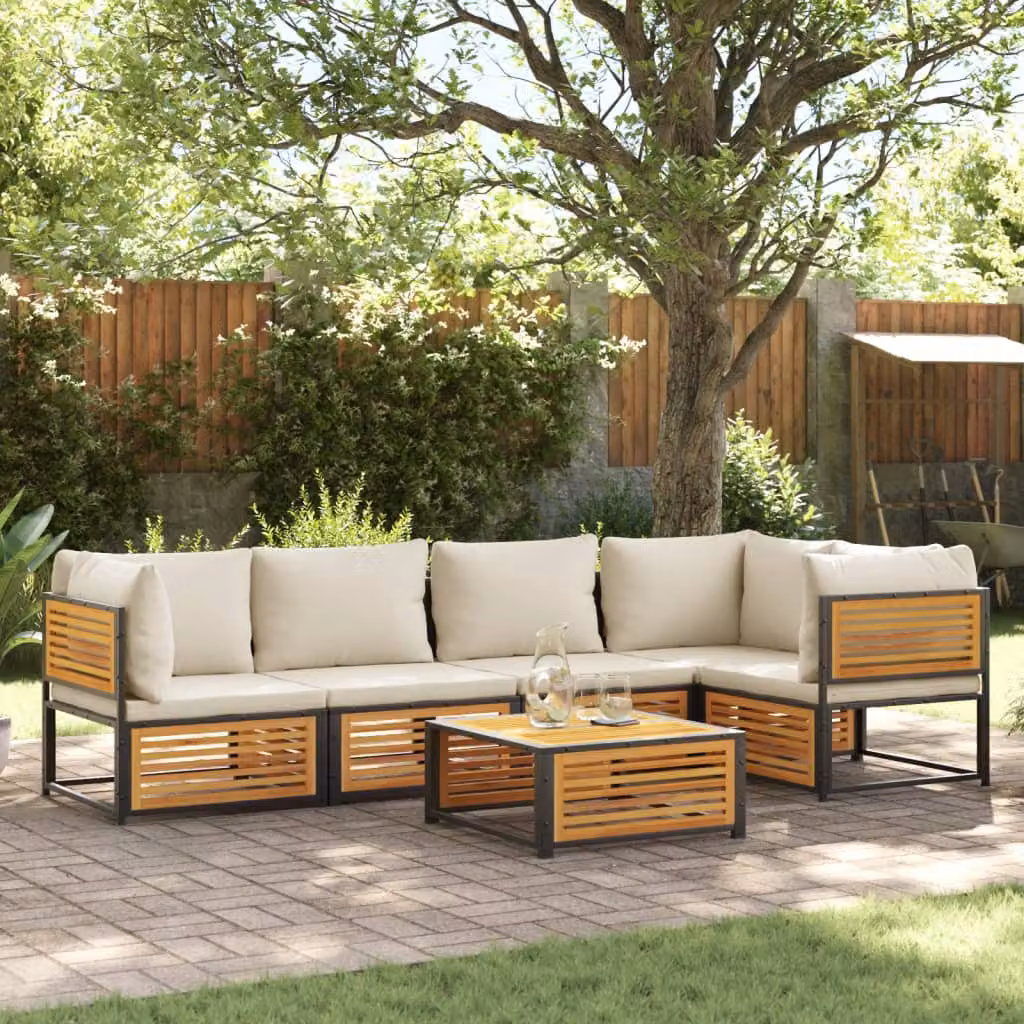Set Divano da Giardino L-Shape vidaXL 6 pz con Cuscini in Acacia e Acciaio, Beige e Bianco – 1