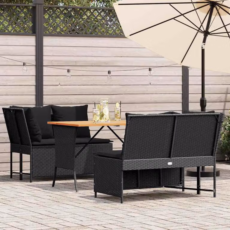 Set Divani da Giardino L-Shape vidaXL con Tavolino e Cuscini Neri in Polyrattan e Acciaio