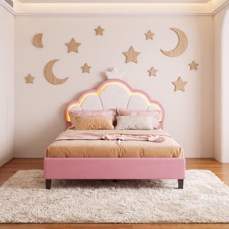 Letto imbottito INONEFT, 90x200 cm, con poggiatesta regolabile, letto singolo per bambini con LED, letto a forma di principessa per ragazze, completo di rete, rivestito in velluto, colore rosa