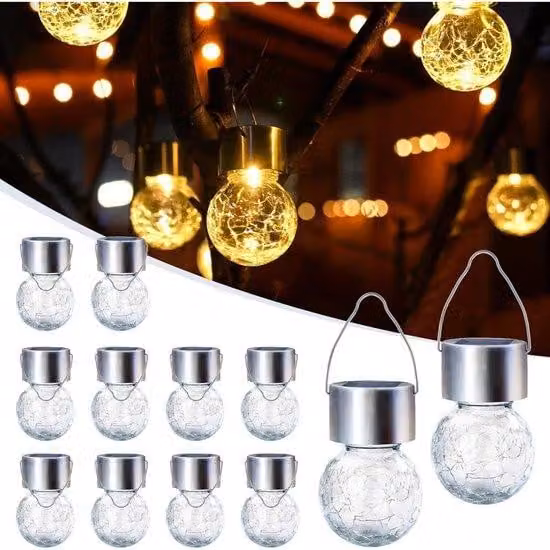 Luci solari da esterno - Set da 12 pezzi - Lampade a energia solare - Design di sicurezza con vetro frantumato - Impermeabili - Luce bianca calda - Ideali per spazi esterni come giardini, terrazze, recinzioni o alberi
