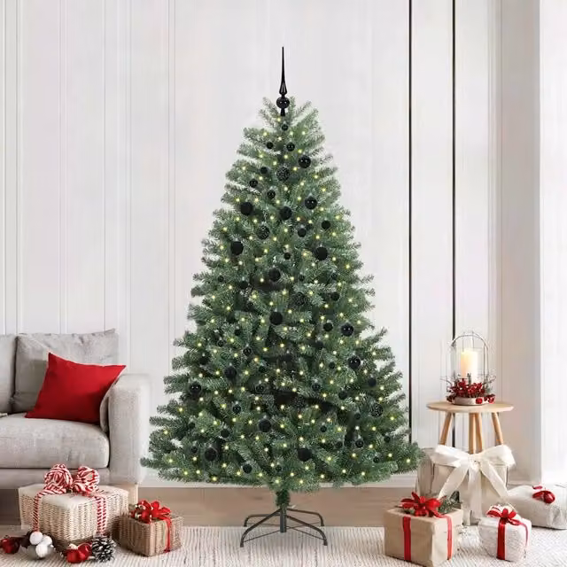 Albero di Natale Artificiale Moderno vidaXL Verde con Luci LED Warm White in PVC e Metallo, Altezza: 210 cm