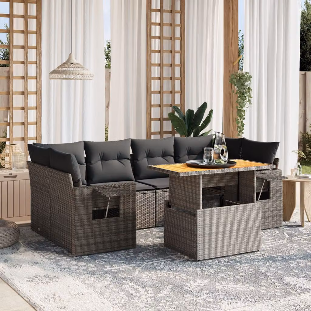 vidaXL Set Divani da Giardino 7 pz a Forma a L in Polyrattan Grigio con Cuscini e Tavolino – 1