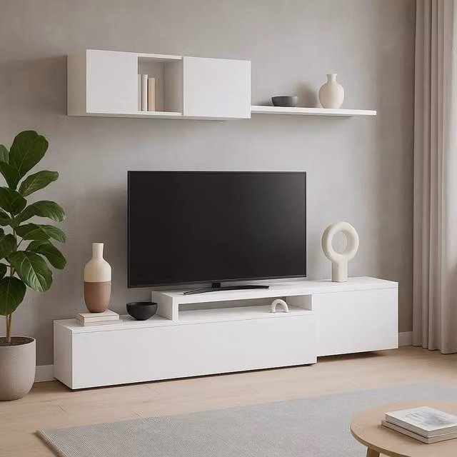 Parete Attrezzata Adelaide per Soggiorno e Sala da Pranere con Mobile TV e Mensola Pensile, Design Moderno Modulare Reversibile, Colore Bianco, L: 201 cm, P: 41 cm, H: 44 cm – 1
