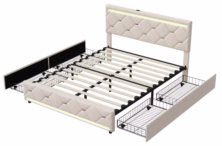 Letto imbottito 160x200 cm - 4 cassetti - Illuminazione LED - Spazio contenitivo - Rivestimento in velluto - Bianco panna