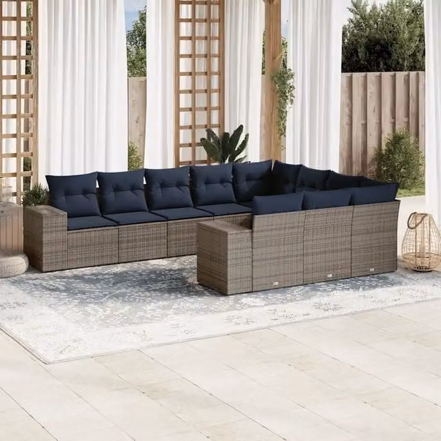 Set Divani da Giardino 10 pz con Cuscini Grigio in Polyrattan 3223090