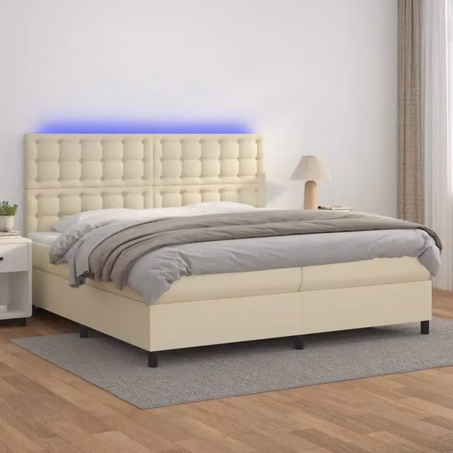 Letto a Molle Ibrido vidaXL con Materasso, Illuminazione LED e Porte USB, Beige e Bianco, L/P: 200 x 200 cm – 1
