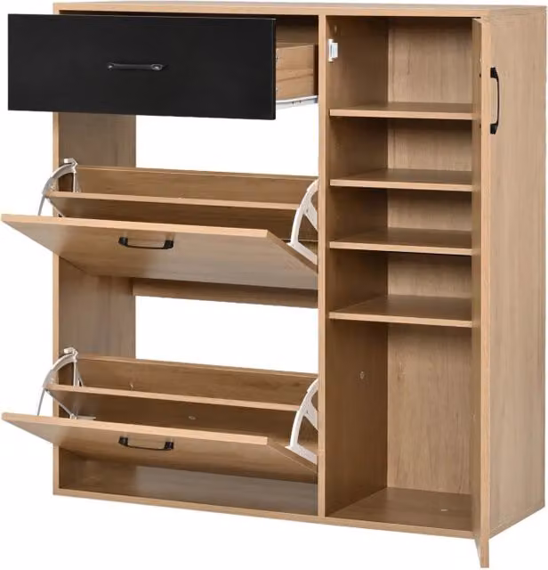 Armadio porta scarpe sottile con 1 anta, 2 ante ribaltabili e 1 cassetto, legno naturale e nero, 100×35×106 cm