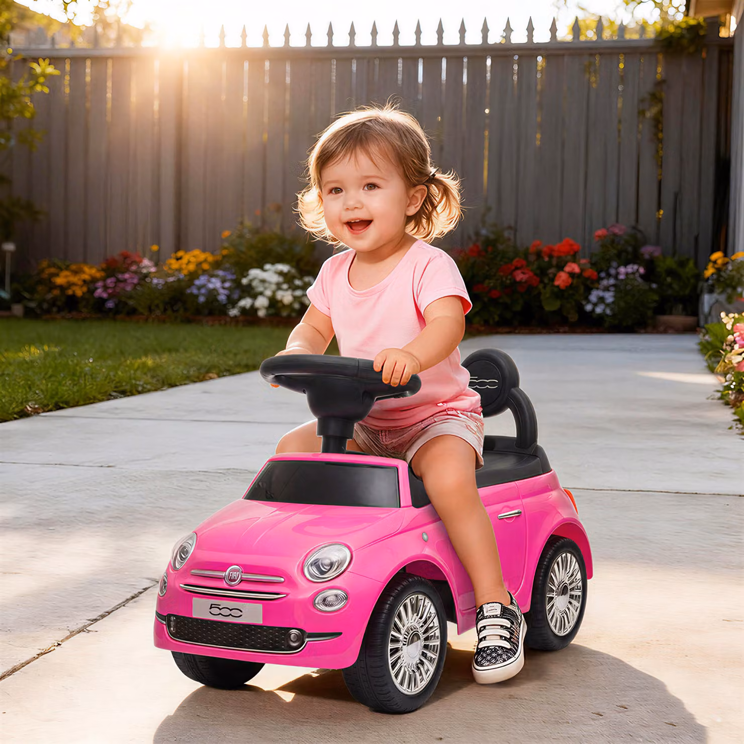 Macchina Cavalcabile Fiat per Bambini 12-36 Mesi AIYAPLAY con Musica e Clacson, Colore Rosa – 2