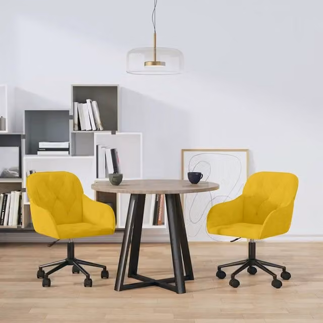 Set di 2 sedie da pranzo girevoli vidaXL in velluto giallo con ruote e base in metallo – 1
