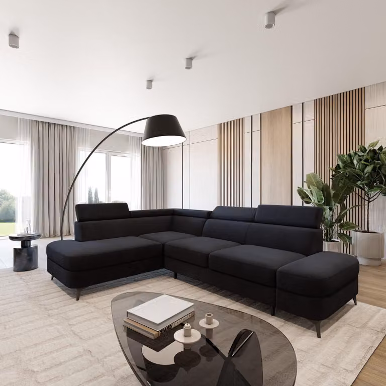 Divano ad angolo Masseno AVISE MV L-S con funzione letto a L, divano con contenitore, divano da salotto, divano, divano letto, set divani - Nero, MATT VELVET 99
