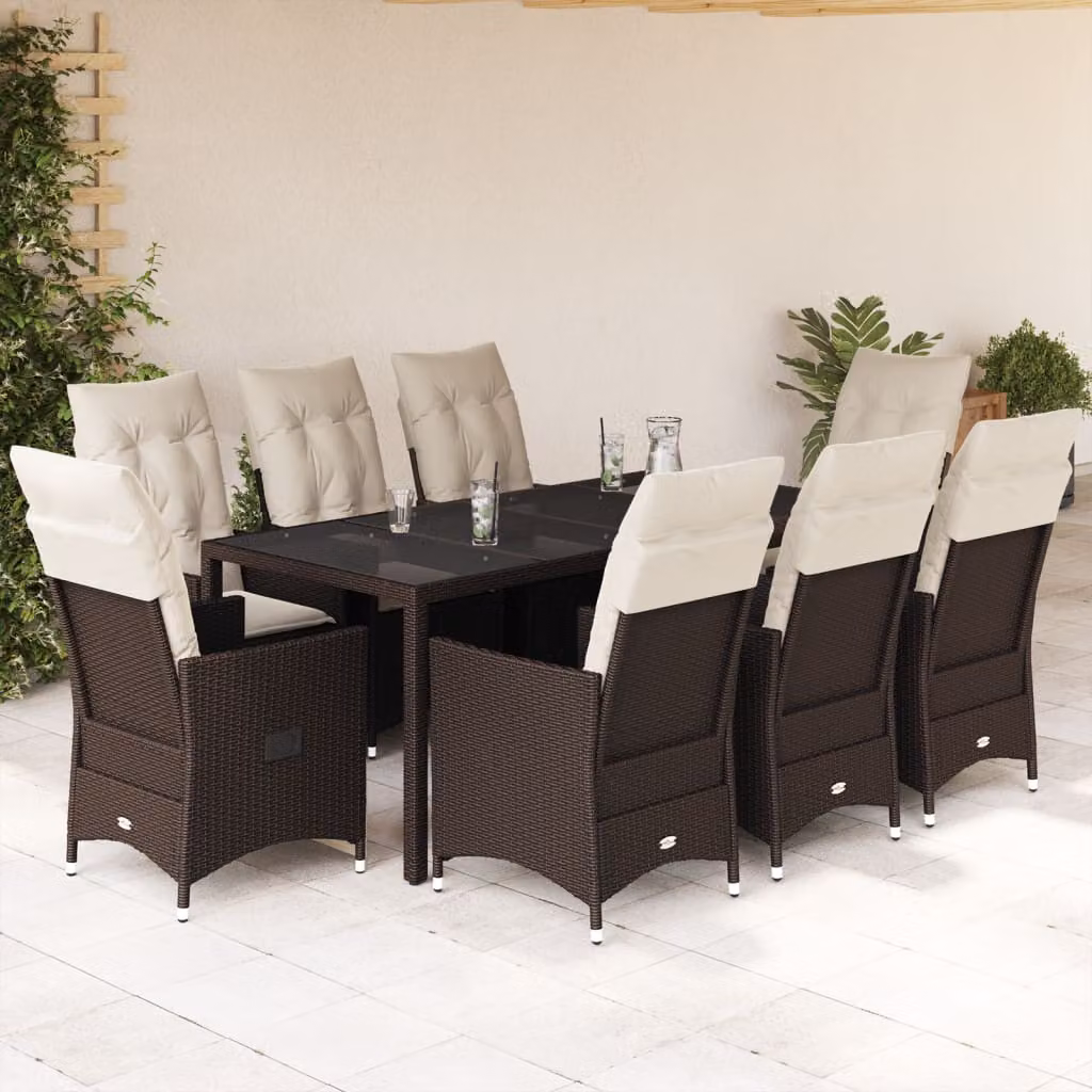 Set da Pranzo da Giardino vidaXL in Polyrattan Marrone e Bianco con 9 Pezzi e Cuscini – 1