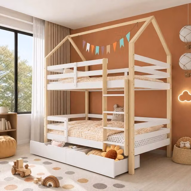Letto a castello per bambini 90x200 cm a casetta con cassetti in legno massello di pino bianco e rovere