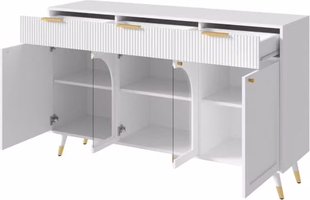 Madia bianca con 4 ante e 3 cassetti in MDF, 140x40x85,5 cm, porte acriliche trasparenti e gambe in legno