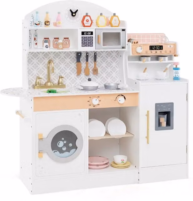 Set da cucina giocattolo in legno per bambini con macchina da caffè, design in MDF bianco, L: 106 cm, P: 30 cm, H: 105 cm