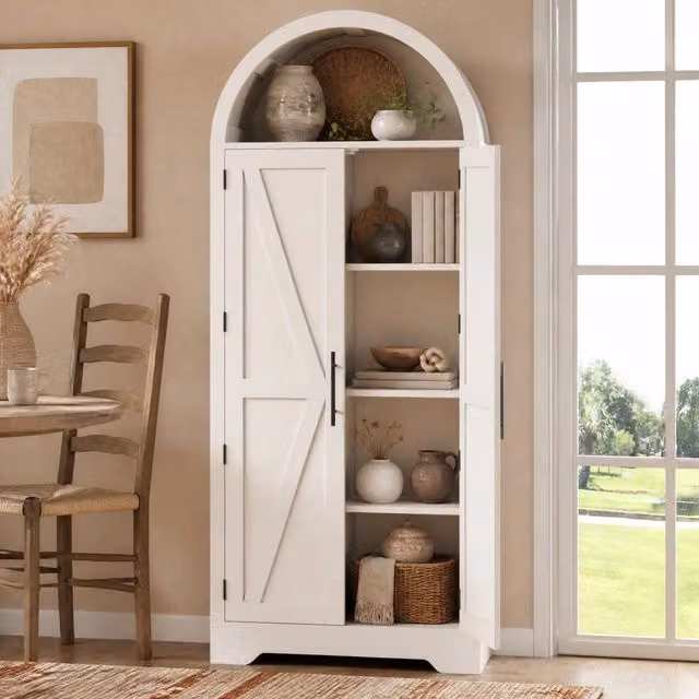 Vetrina con arco superiore e ripiani regolabili, in MDF, con vano aperto per soggiorno e sala da pranzo, bianco
