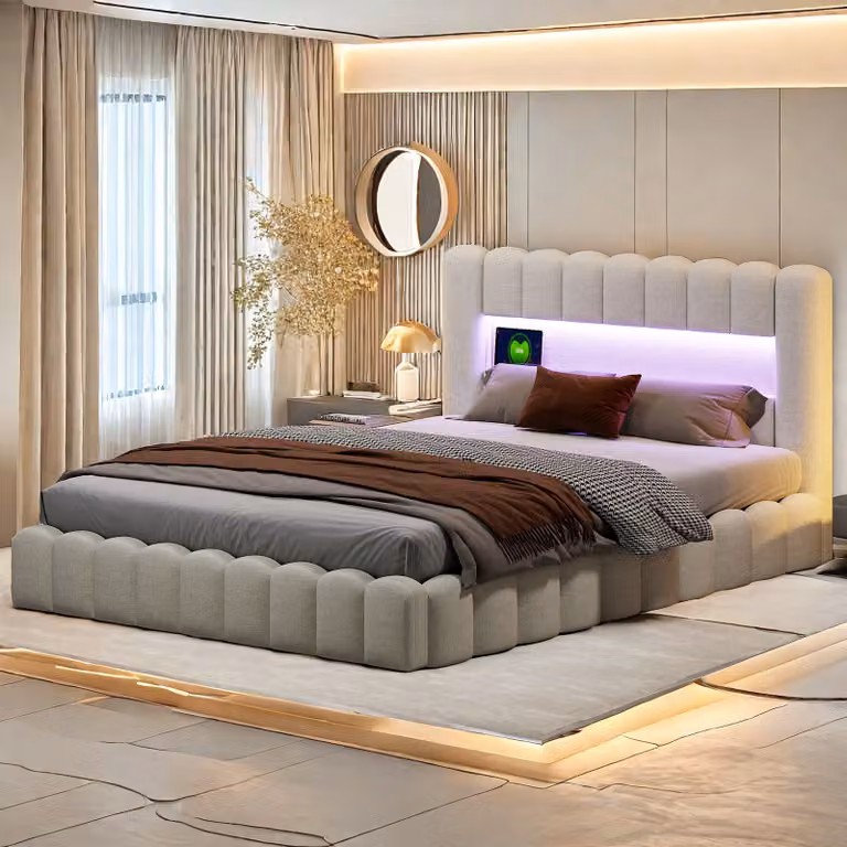 Letto imbottito 140x200cm, letto a molle con rete idraulica, letto con rete a doghe, luce di lettura con connessione di ricarica USB e illuminazione LED, letto contenitore letto matrimoniale letto per ragazzi (beige)
