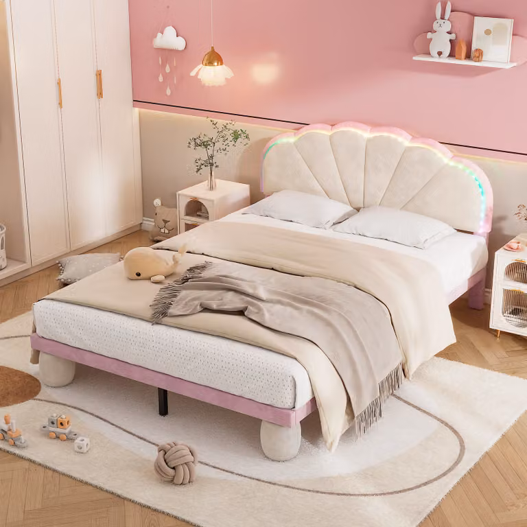 Letto imbottito Merax 140x200cm con LED, letto per bambini con testata a forma di fiore, letto matrimoniale con rete a doghe e gambe rotonde, letto funzionale, velluto, blu/beige