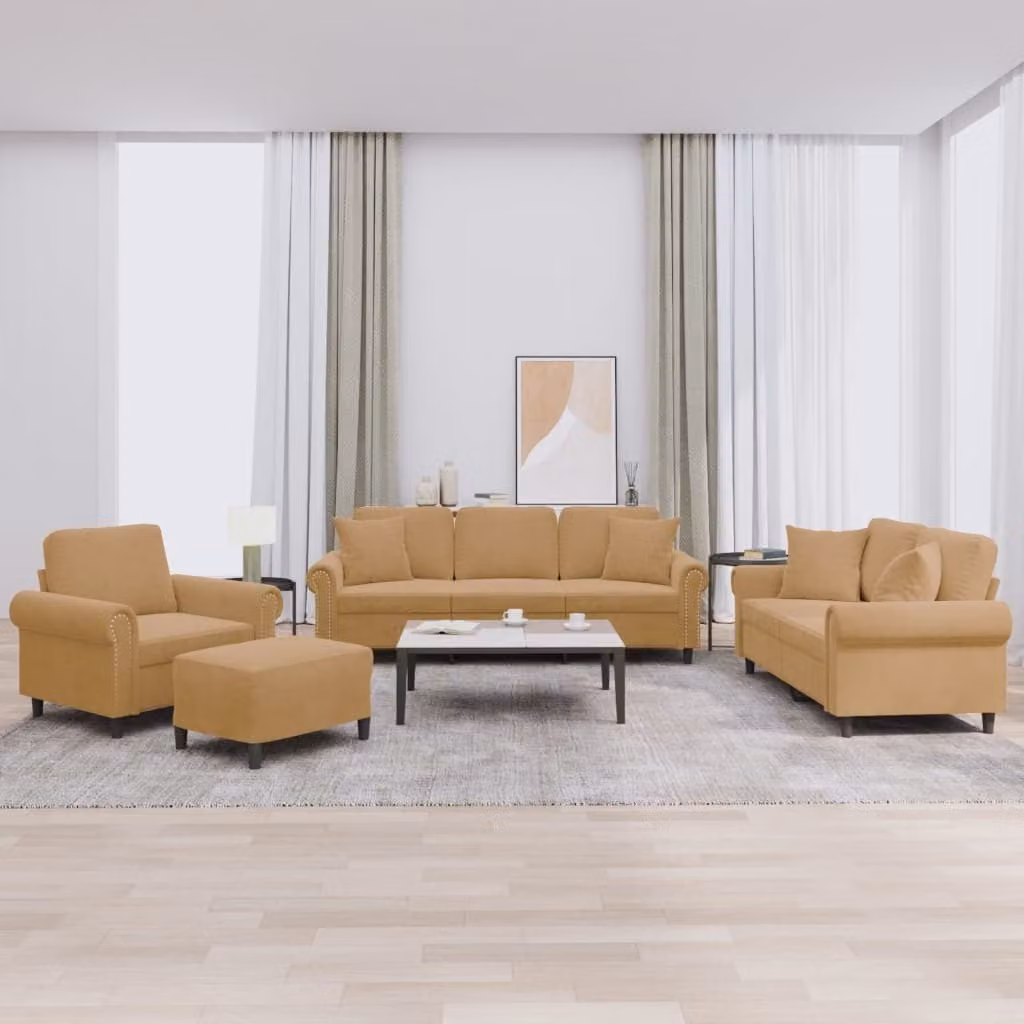 set divano 4 pezzi con cuscini in velluto marrone