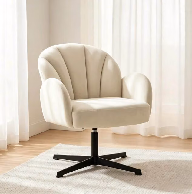 Poltrona girevole a conchiglia in velluto beige e nero, seduta 11 cm