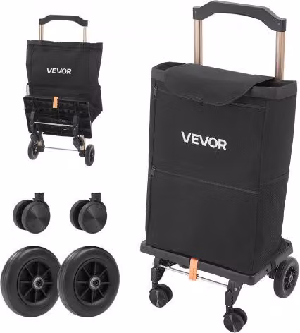 Carrello della Spesa Pieghevole VEVOR a 4 Ruote con Borsa Rimovibile e Manico Telescopico, Nero