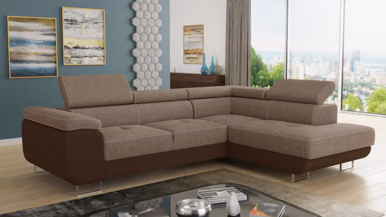 Divano angolare Caris con funzione letto e poggiatesta regolabili, salotto componibile, divano letto, divano, divano letto (marrone + cappuccino (Sawana 16 + Sawana 02), divano angolare destro)