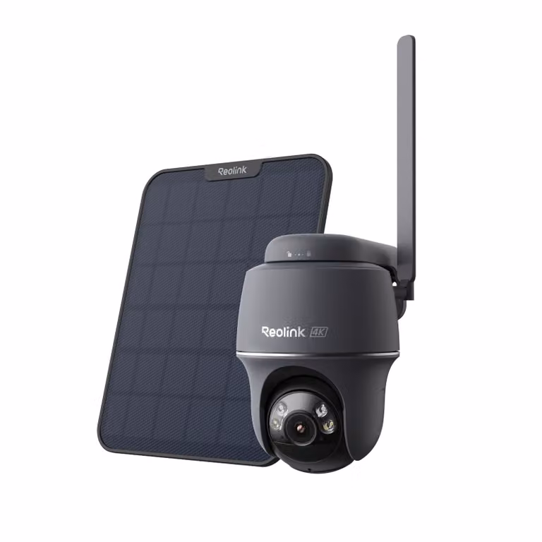 Telecamera di sicurezza esterna Reolink Go PT Ultra+ con pannello solare, 4K 8MP, connessione 4G LTE, batteria integrata, rilevamento intelligente, rotazione orizzontale di 355° e inclinazione verticale di 140°, colore grigio