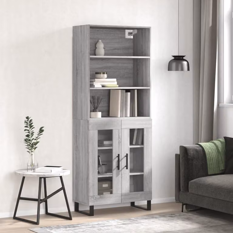 Credenza moderna vidaXL in legno multistrato e metallo, colore Grigio Sonoma, L: 69,5 cm, P: 34 cm, H: 180 cm
