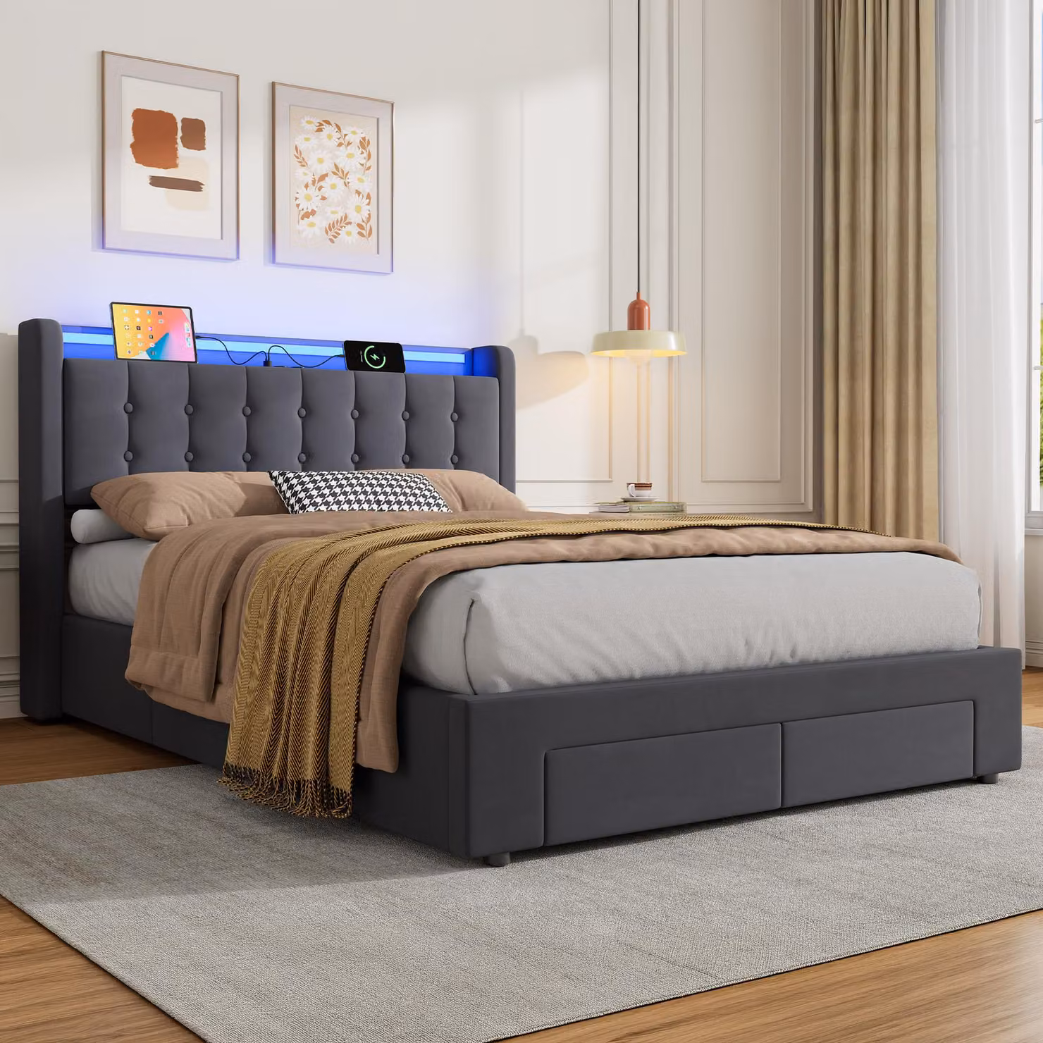 okwish Letto imbottito 140×190 con illuminazione a LED e prese elettriche, letto matrimoniale con prese elettriche e testiera contenitiva, grigio, materasso escluso
