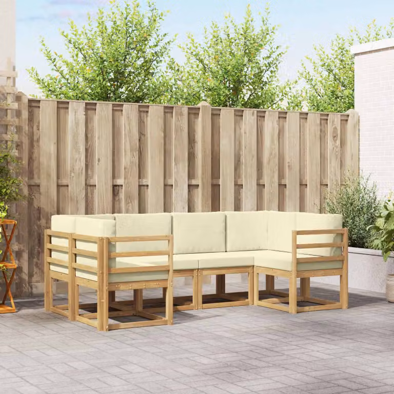 Set di divani da esterno vidaXL a forma di L composto da 6 pezzi in legno di acacia con cuscini bianchi e beige