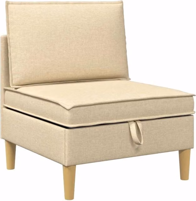 Divano da soggiorno minimalista in tessuto beige e marrone con struttura in legno e contenitore a cubo
