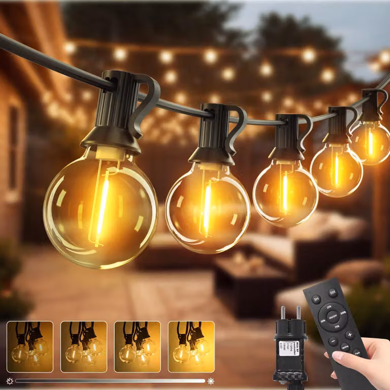 Catena luminosa da 10 metri, LED G40, luce bianco caldo, dimmerabile, con timer, grado di protezione IP44, telecomando