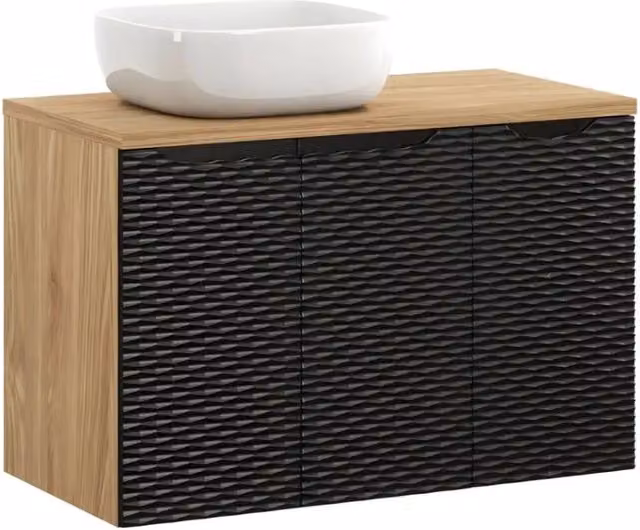 Set da bagno YOKA nero: mobile sottolavabo con armadietto 90cm + piano per lavabo + lavabo da appoggio