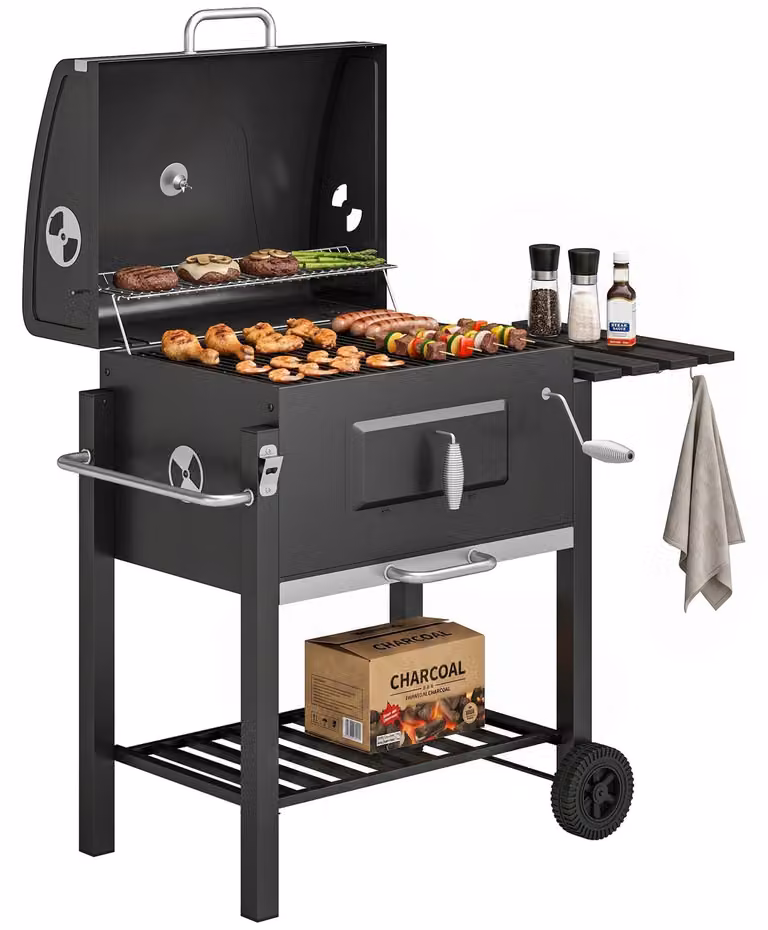 Barbecue a carbonella con affumicatore, 1 ripiano, 1 portasciugamani, 2 griglie, 113 cm x 65 cm x 108 cm, nero