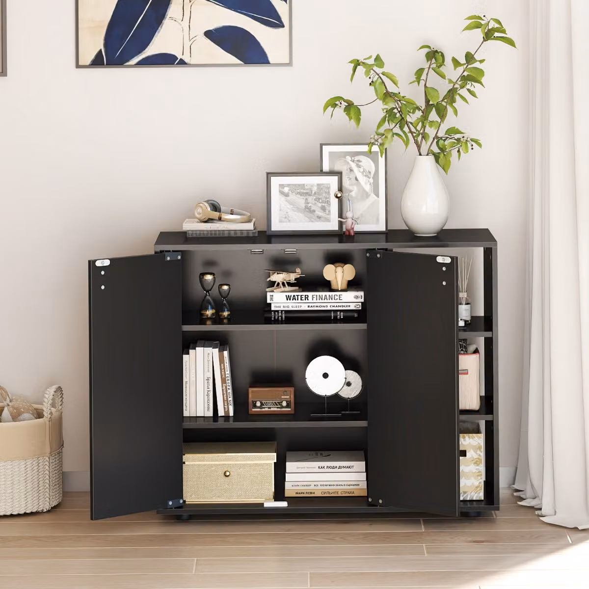 Costway Mobiletto porta scarpe moderno con ante in legno e mensole regolabili, Scaffale autonomo per ingresso e soggiorno, Nero