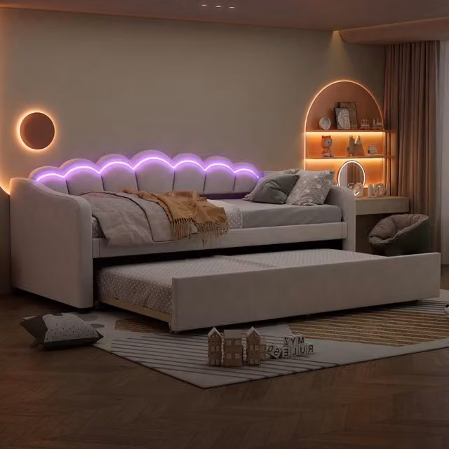 Divano letto estraibile REDOM in velluto beige con struttura in MDF, dimensioni 90x200 cm