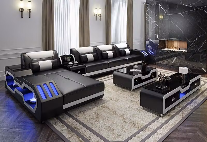 Leder Design Sofa Couch Polster Ecksofa Garnitur Wohnlandschaft Ecksofa LED